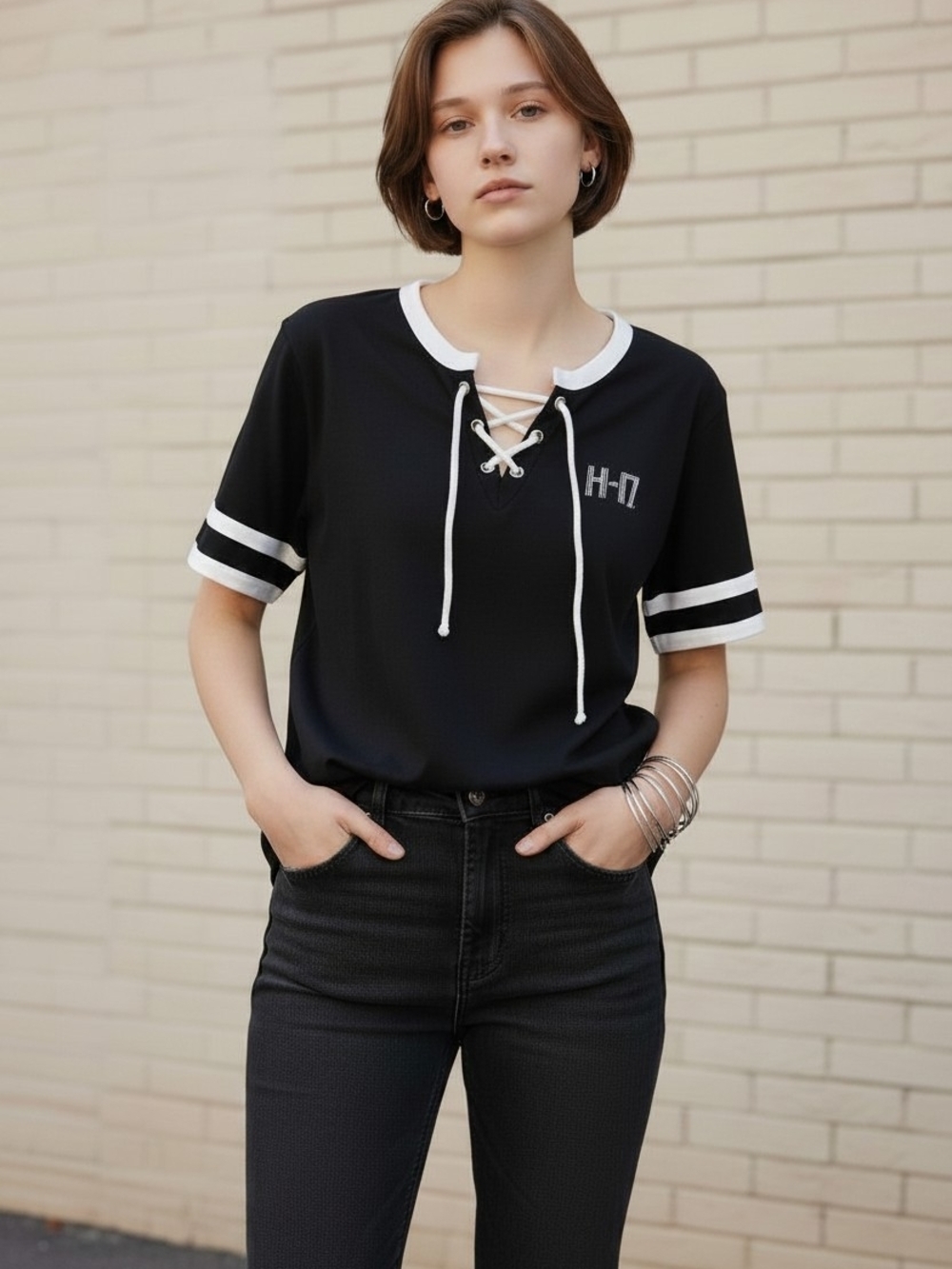 Harley-Davidson Black Short-Sleeve Lace-Up Top with White Trim Size 1X
